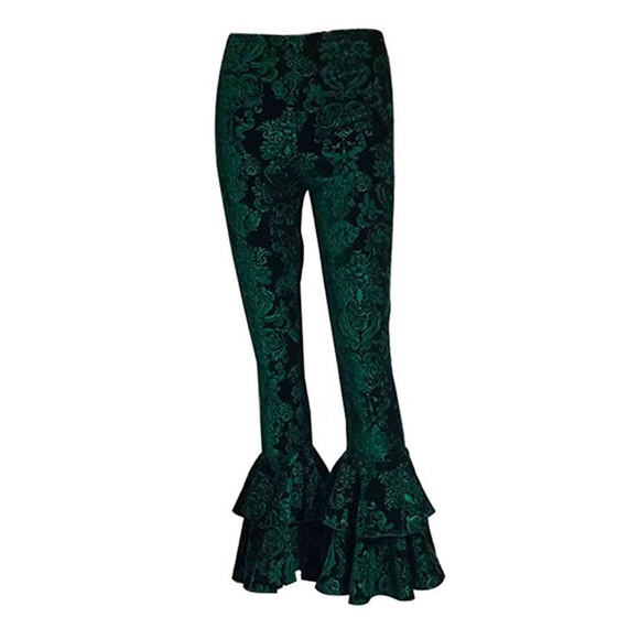 Pants - Hunter Green Velvet Ruffle Bottom Flared Leggings